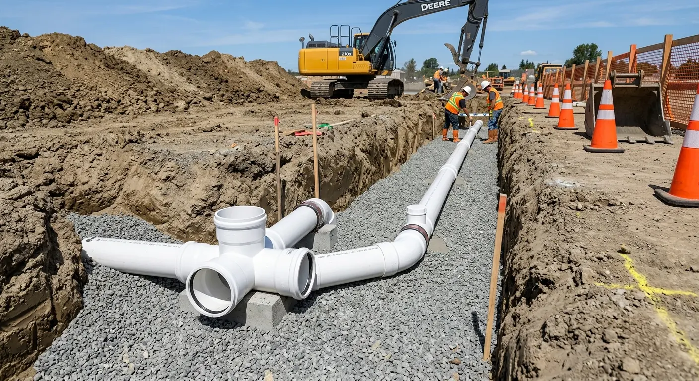 New PVC sewer pipe installation in open trench for Grease Trap Cleaning in Juneau