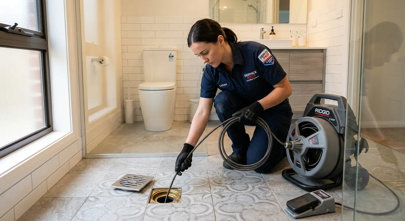 Technician clearing a bathroom floor drain for Drain Repair in Juneau